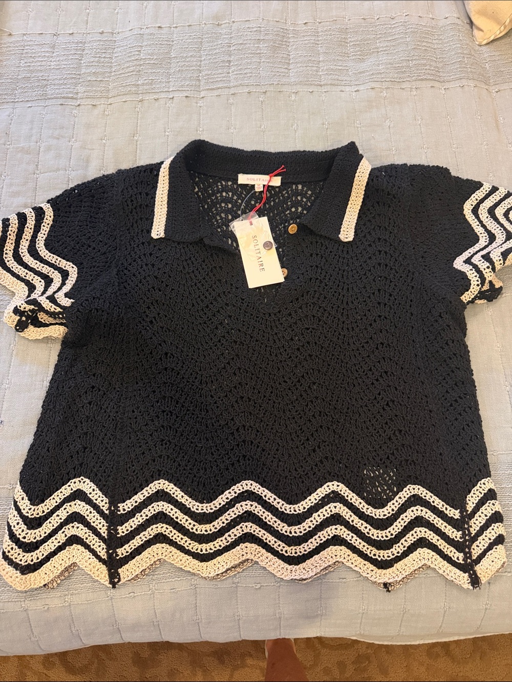 Solitaire Black Crochet Polo Top with Cream Trim Accent